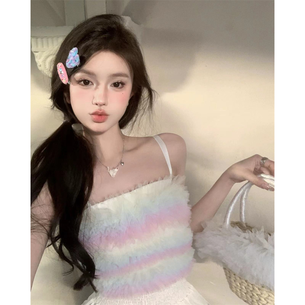 Lalisas Áo Hai Dây Dáng Ngắn Phối Lưới Màu Cầu Vồng Thời Trang Cho Nữ y2k