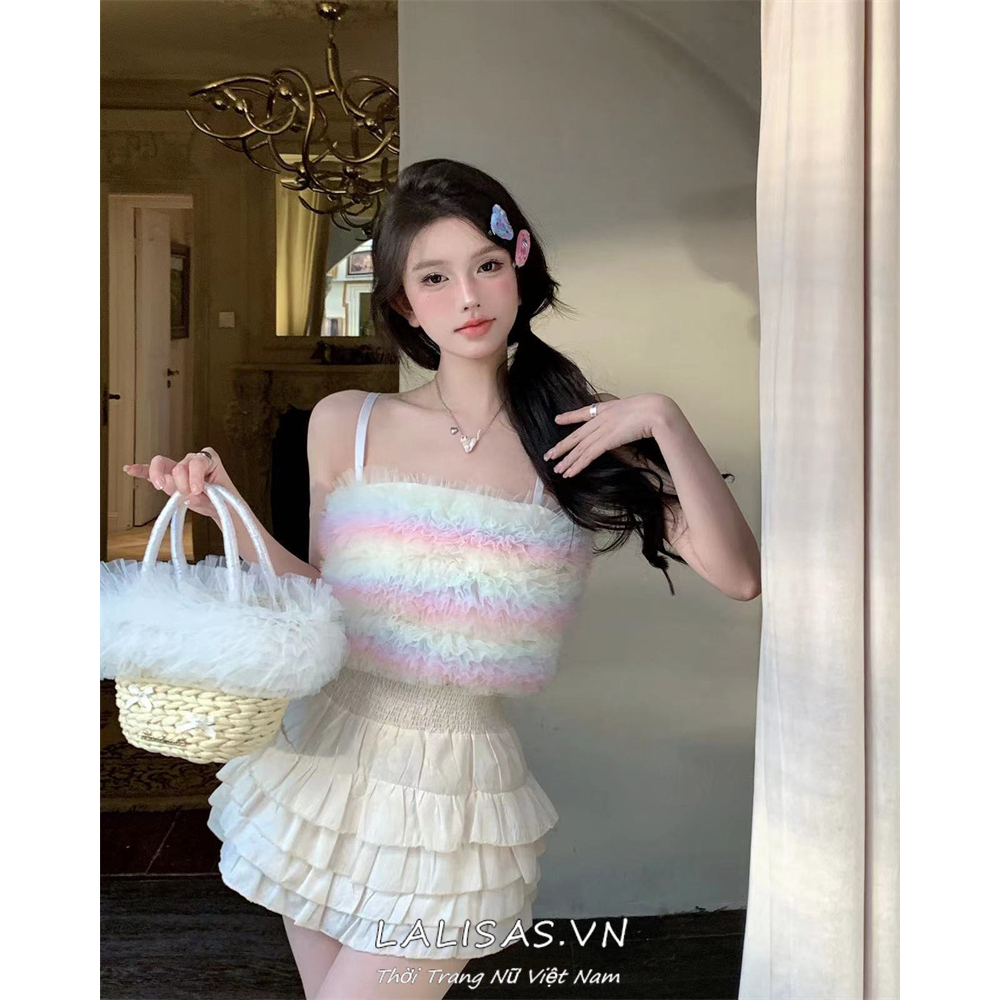 Lalisas Áo Hai Dây Dáng Ngắn Phối Lưới Màu Cầu Vồng Thời Trang Cho Nữ y2k