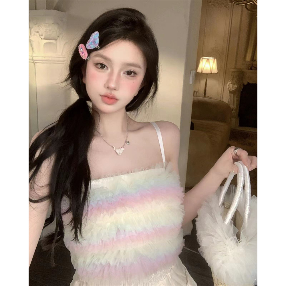 Lalisas Áo Hai Dây Dáng Ngắn Phối Lưới Màu Cầu Vồng Thời Trang Cho Nữ y2k