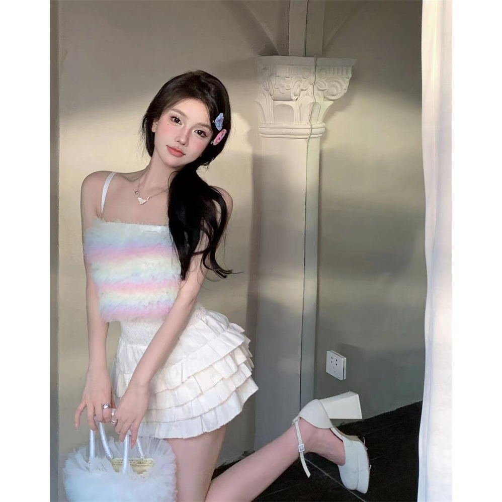 Lalisas Áo Hai Dây Dáng Ngắn Phối Lưới Màu Cầu Vồng Thời Trang Cho Nữ y2k