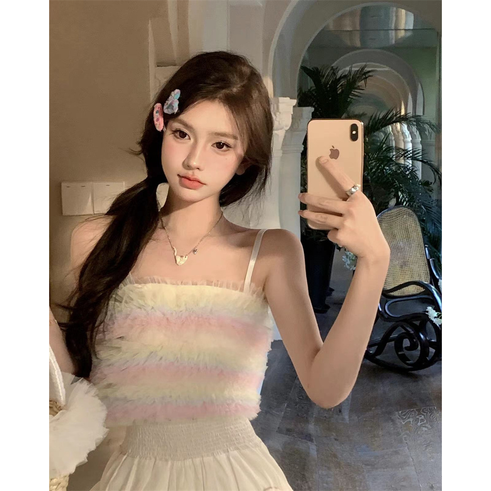 Lalisas Áo Hai Dây Dáng Ngắn Phối Lưới Màu Cầu Vồng Thời Trang Cho Nữ y2k