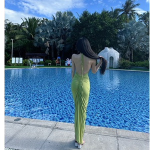 New Sexy Hot girl hip beauty holiday dress stretch beach Dew dress backless hanging neck figure long skirt LLWZ