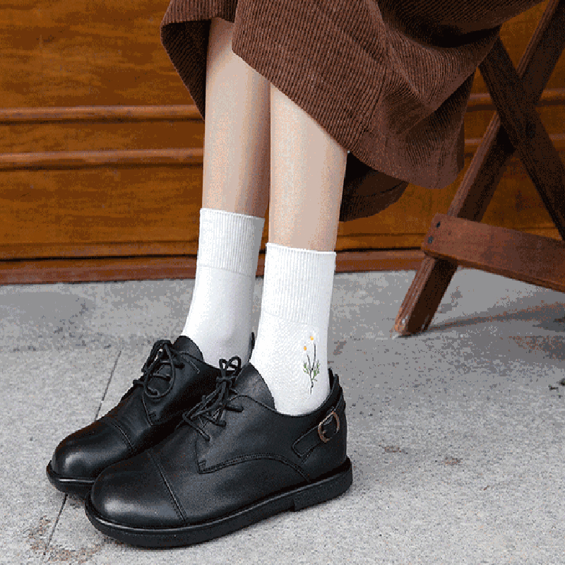 FHYL Vớ Cotton Cổ Trung Thêu Hoa Nhỏ Màu Kẹo Ngọt Phong Cách Hàn Quốc Mới Cho Nữ