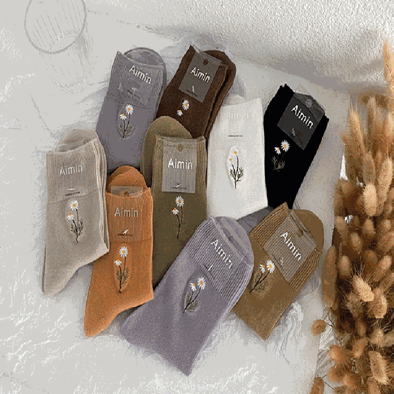 FHYL Vớ Cotton Cổ Trung Thêu Hoa Nhỏ Màu Kẹo Ngọt Phong Cách Hàn Quốc Mới Cho Nữ