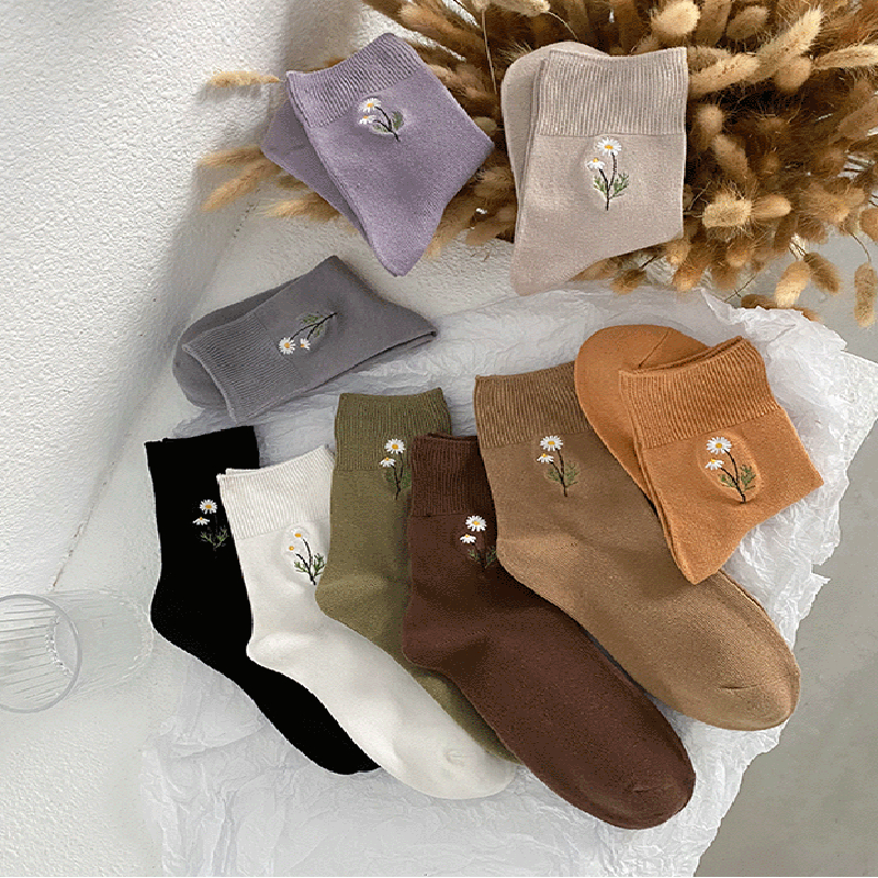 FHYL Vớ Cotton Cổ Trung Thêu Hoa Nhỏ Màu Kẹo Ngọt Phong Cách Hàn Quốc Mới Cho Nữ