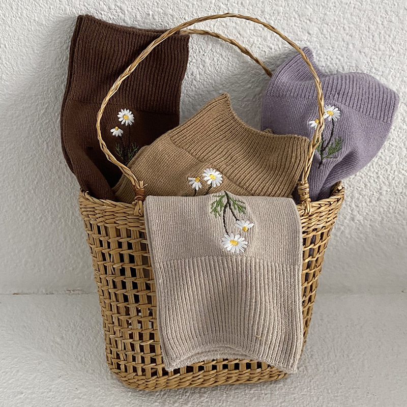 FHYL Vớ Cotton Cổ Trung Thêu Hoa Nhỏ Màu Kẹo Ngọt Phong Cách Hàn Quốc Mới Cho Nữ