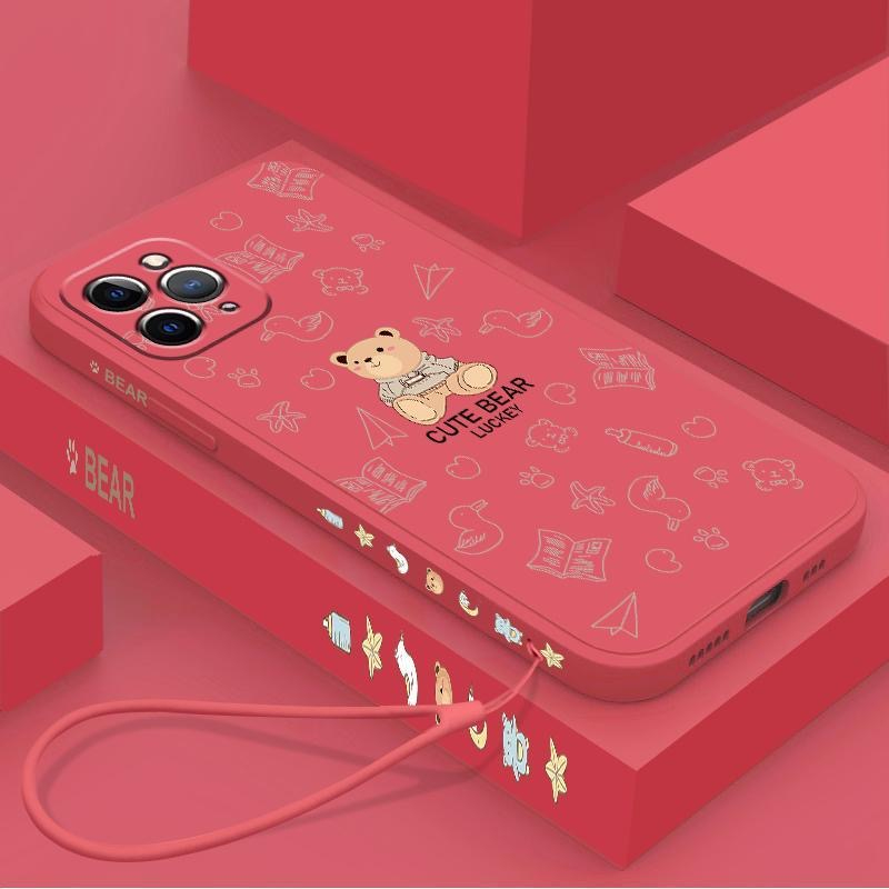 Ốp lưng Redmi 12C 4G 11A A1+ 2022 4G 11 Prime 4G A2 4G A2+ 4G Cạnh thẳng 90 ° Silicone dây nhựa Teddy Bear