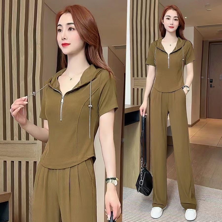 Bộ Trang Phục 2 Mảnh Gồm Áo Hoodie Tay Ngắn Và Quần Dài Lưng Cao Ống Rộng Plus Size Cho Nữ #845