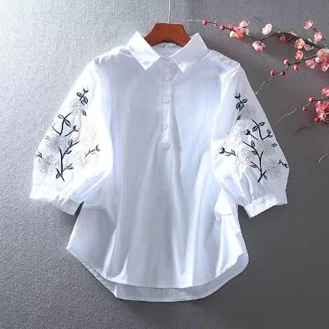 Áo Sơ Mi Tay Lỡ 3 / 4 Dáng Rộng Thêu Hoa Phong Cách Hàn Quốc Cho Nữ