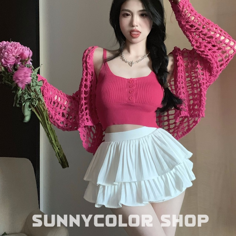 SUNNYCOLOR Áo ba lỗ nữ, áo croptop sát nách nữ kiểu ôm body tank top vải cotton co giãn tốt, mặc đi chơi, đi biển A20K0GP 0529
