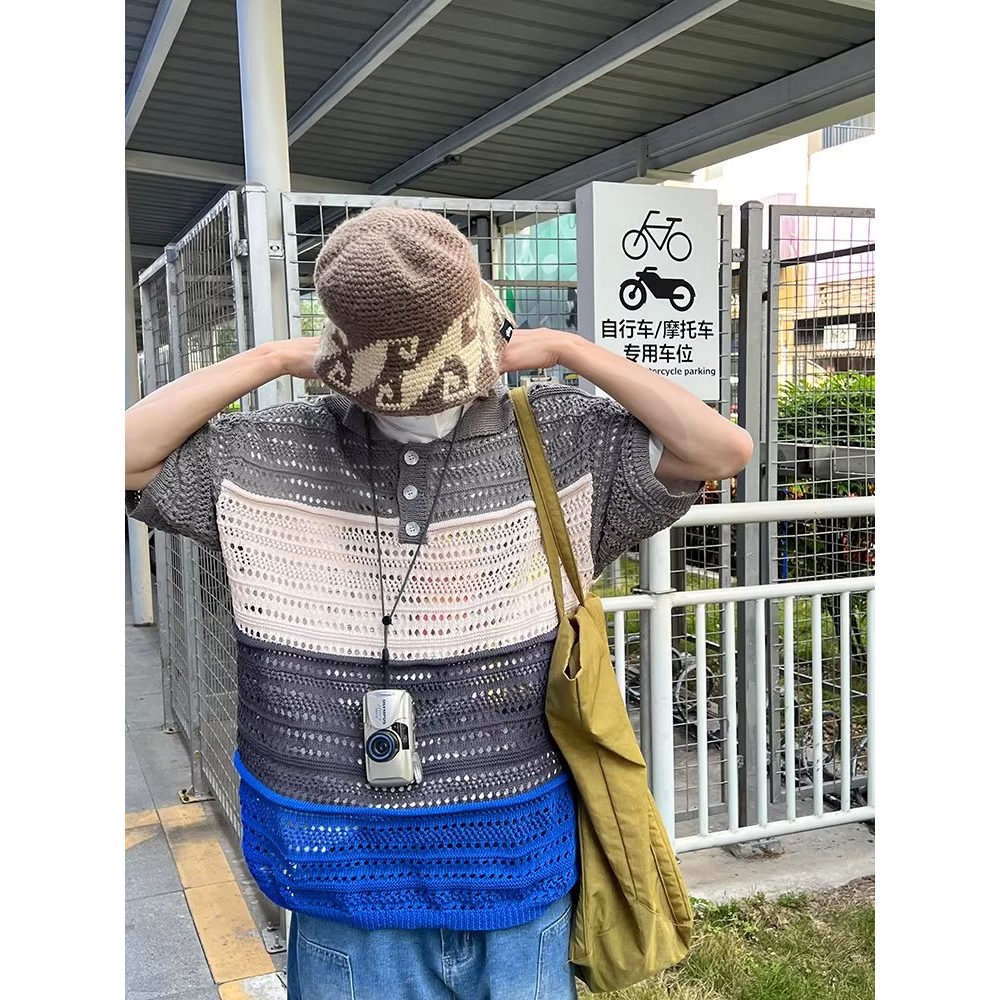 Áo Dệt Kim Tay Ngắn Kẻ Sọc Nhiều Màu Sắc Thoáng Khí Thời Trang Cho Nam