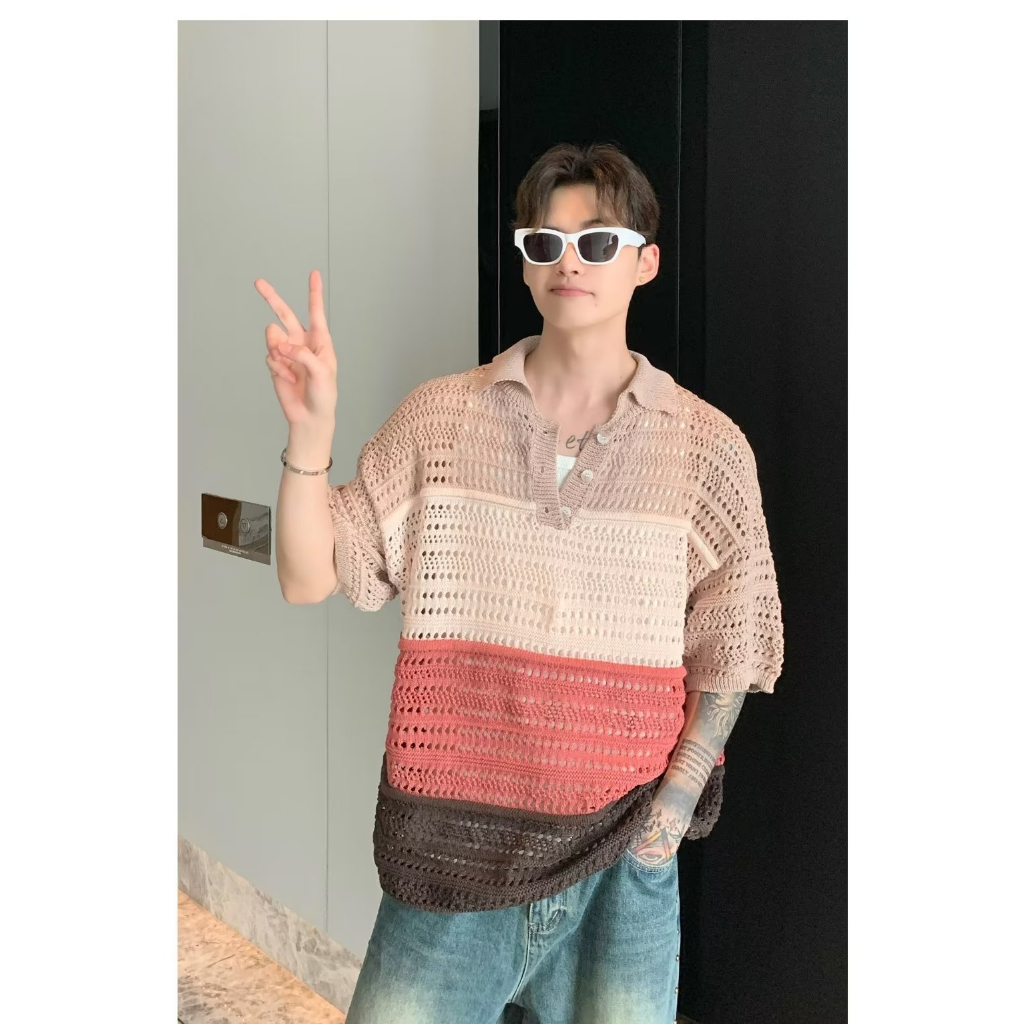 Áo Dệt Kim Tay Ngắn Kẻ Sọc Nhiều Màu Sắc Thoáng Khí Thời Trang Cho Nam