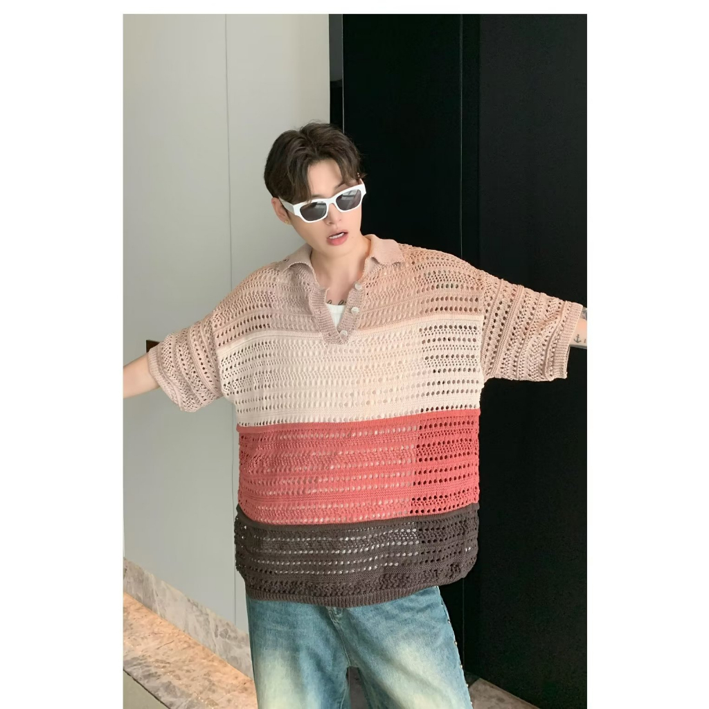 Áo Dệt Kim Tay Ngắn Kẻ Sọc Nhiều Màu Sắc Thoáng Khí Thời Trang Cho Nam