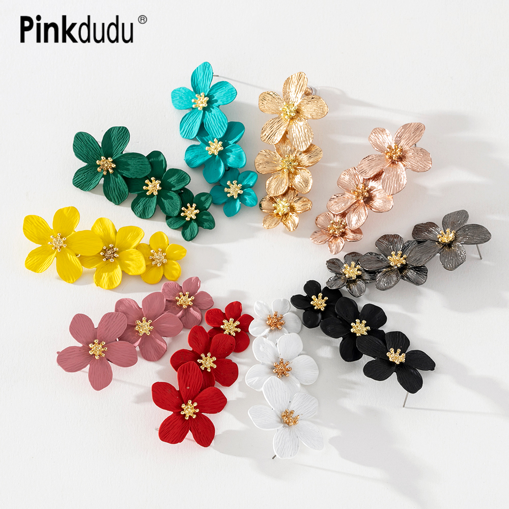 Đôi khuyên tai PINKDUDU PD576 dáng dài nhiều lớp thiết kế hoa phun sơn màu sắc thời trang độc đáo dành cho nữ