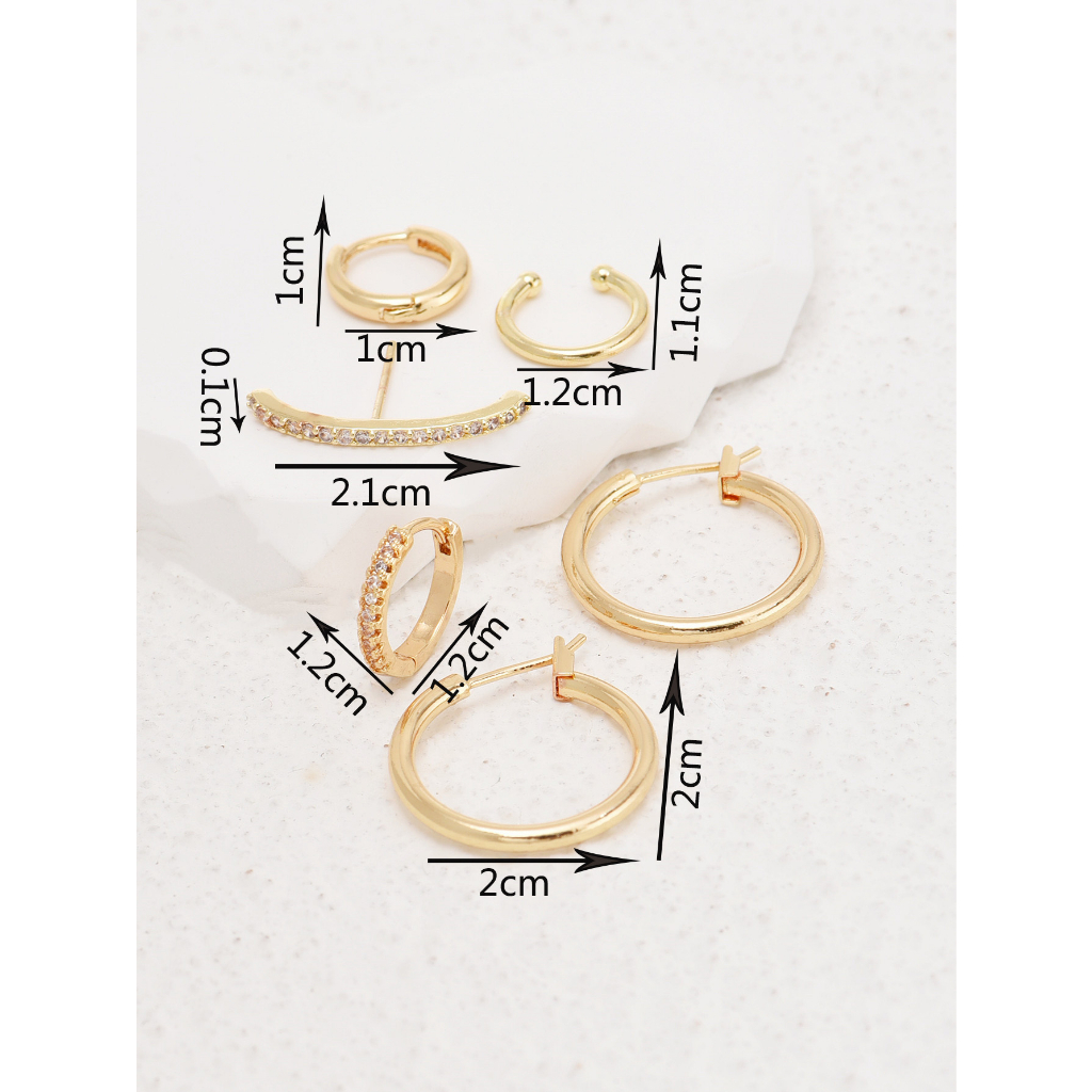 Set 6 Khuyên Tai Tròn Mạ Vàng 14K Đính Đá Zircon Thời Trang