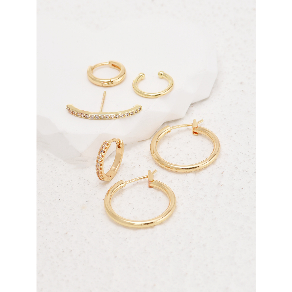 Set 6 Khuyên Tai Tròn Mạ Vàng 14K Đính Đá Zircon Thời Trang