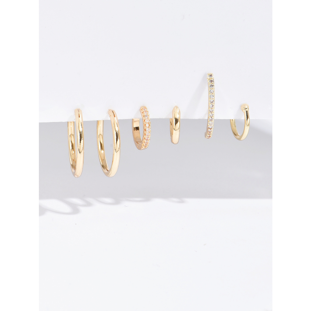 Set 6 Khuyên Tai Tròn Mạ Vàng 14K Đính Đá Zircon Thời Trang