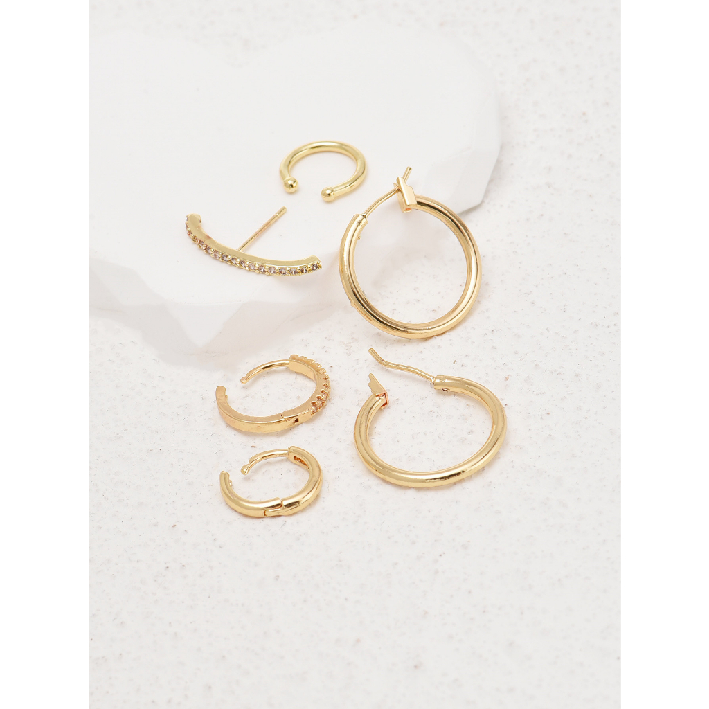 Set 6 Khuyên Tai Tròn Mạ Vàng 14K Đính Đá Zircon Thời Trang