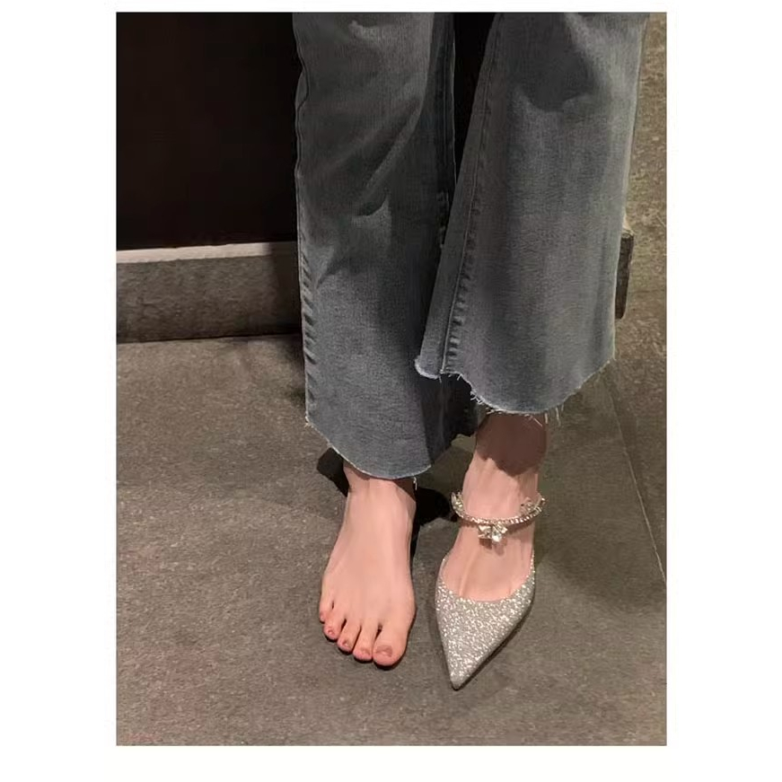 Dép Cao Gót Mũi Nhọn Đính Đá Thời Trang Mùa Hè 2023 Mới Cho Nữ