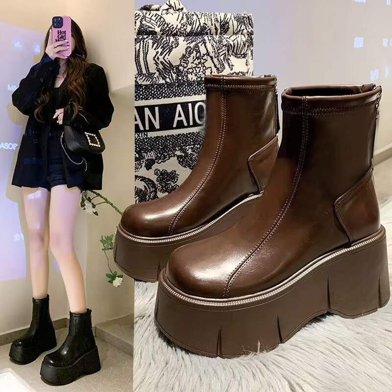 Giày Bốt Da Đế Xuồng 6-8cm Chống Thấm Nước Phối Khóa Kéo Phía Sau Phong Cách Anh Quốc