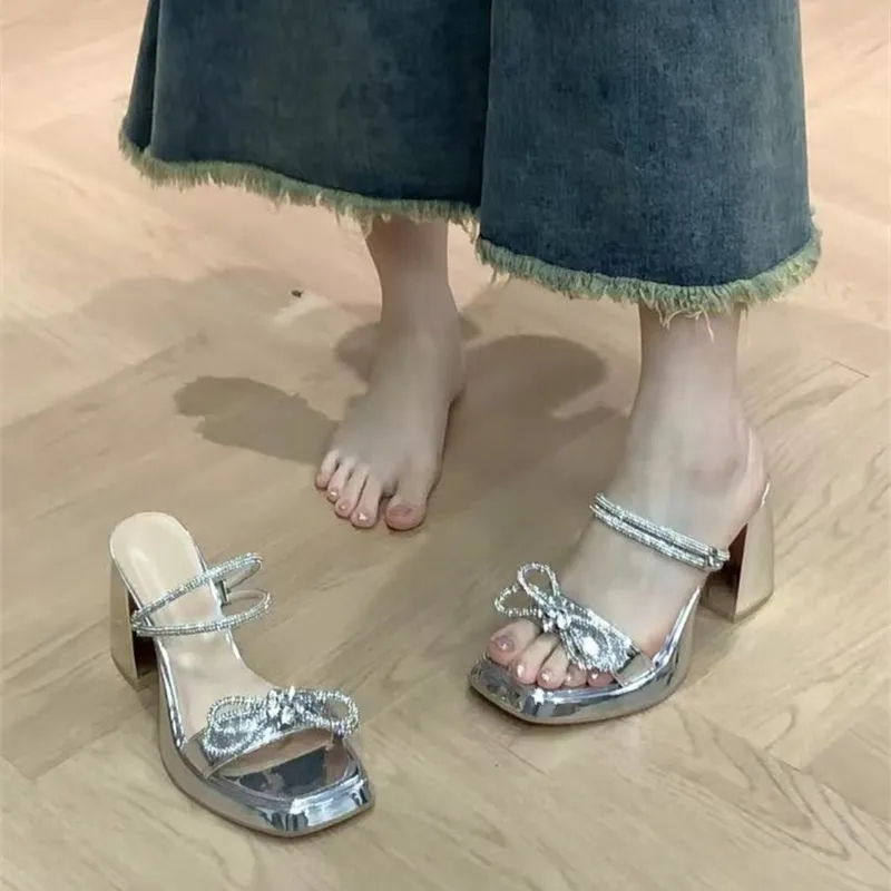 Dép đế dày nữ cao cấp hai mặc kim cương giả một dây đeo dép giày cao gót thời trang