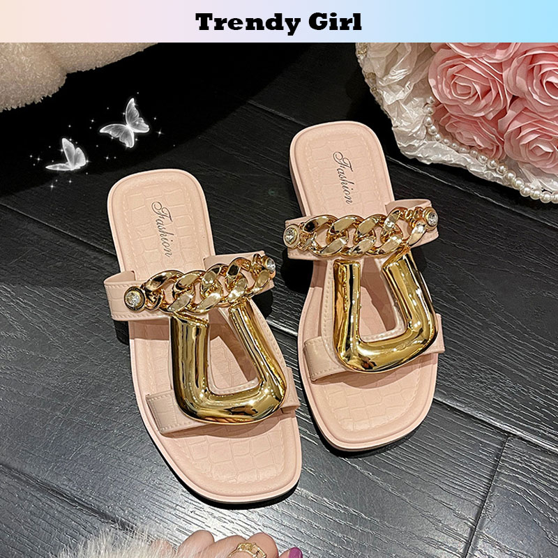 Dép Mũi Vuông Nữ Hở Ngón Phối Dây Xích Kim Thời Trang Mùa Hè TTP159