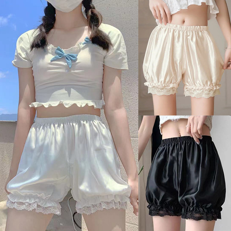 Quần Short Vải Satin Phối Ren Màu Sắc Xinh Xắn Cho Nữ