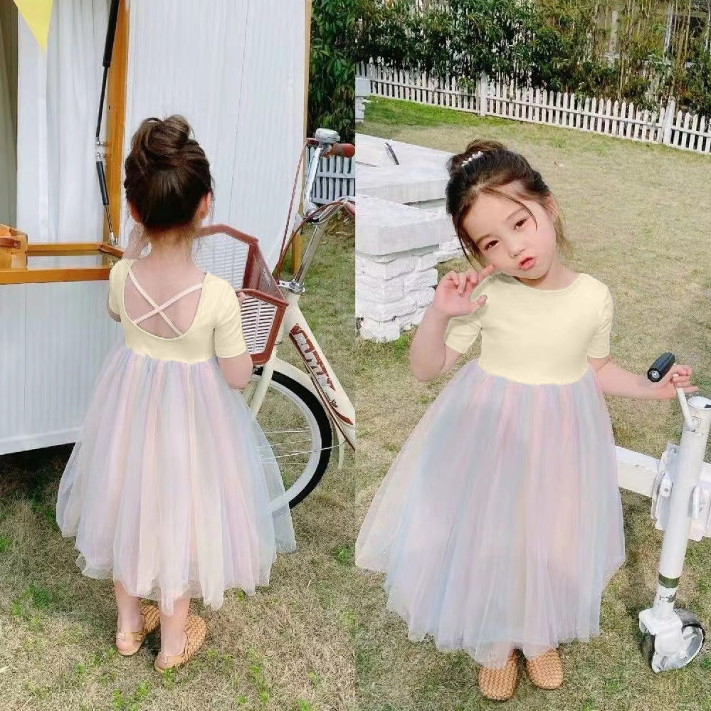 Mùa hè cô gái ngắn tay áo cầu vồng đầm bé thanh lịch khí chất công chúa lộ trở lại sợi váy