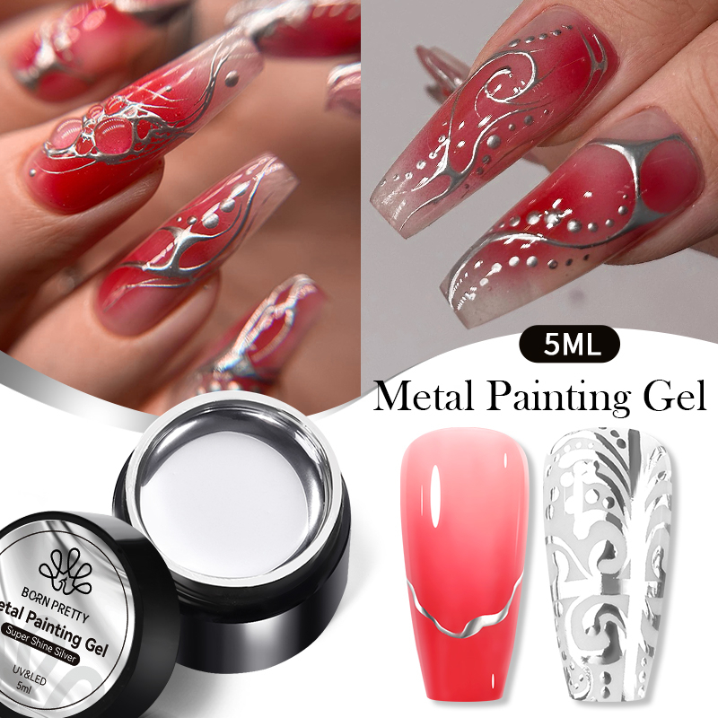 Gel Sơn Móng Tay BORN PRETTY 5ML Màu Vàng / Bạc Tráng Gương / Bạc Họa Tiết Hoa