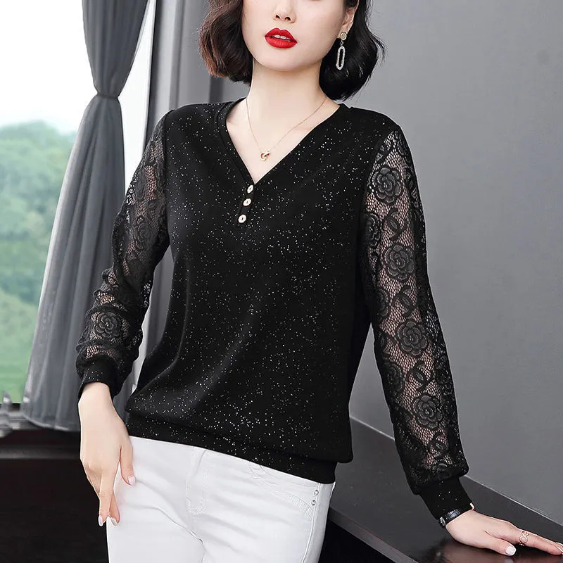 Áo thun tay dài phối ren thời trang cho phụ nữ trung niên