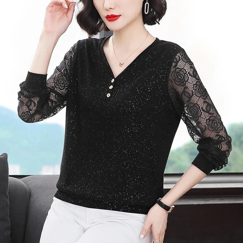 Áo thun tay dài phối ren thời trang cho phụ nữ trung niên