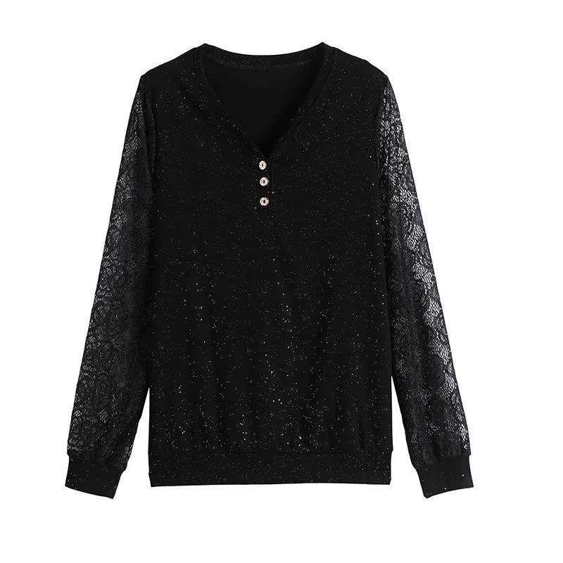 Áo thun tay dài phối ren thời trang cho phụ nữ trung niên