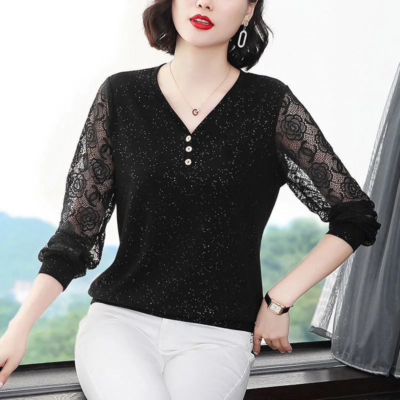 Áo thun tay dài phối ren thời trang cho phụ nữ trung niên