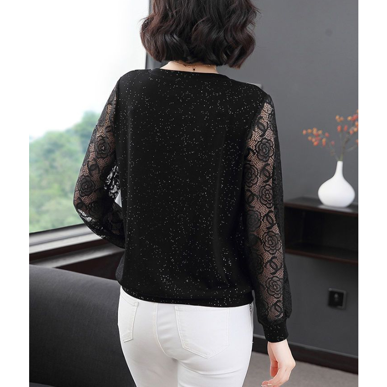 Áo thun tay dài phối ren thời trang cho phụ nữ trung niên