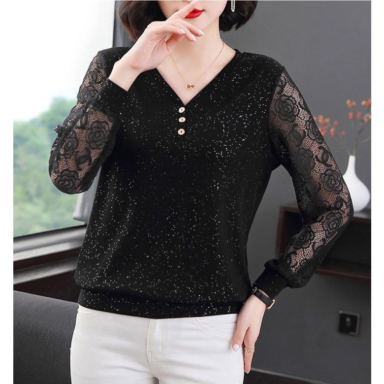 Áo thun tay dài phối ren thời trang cho phụ nữ trung niên