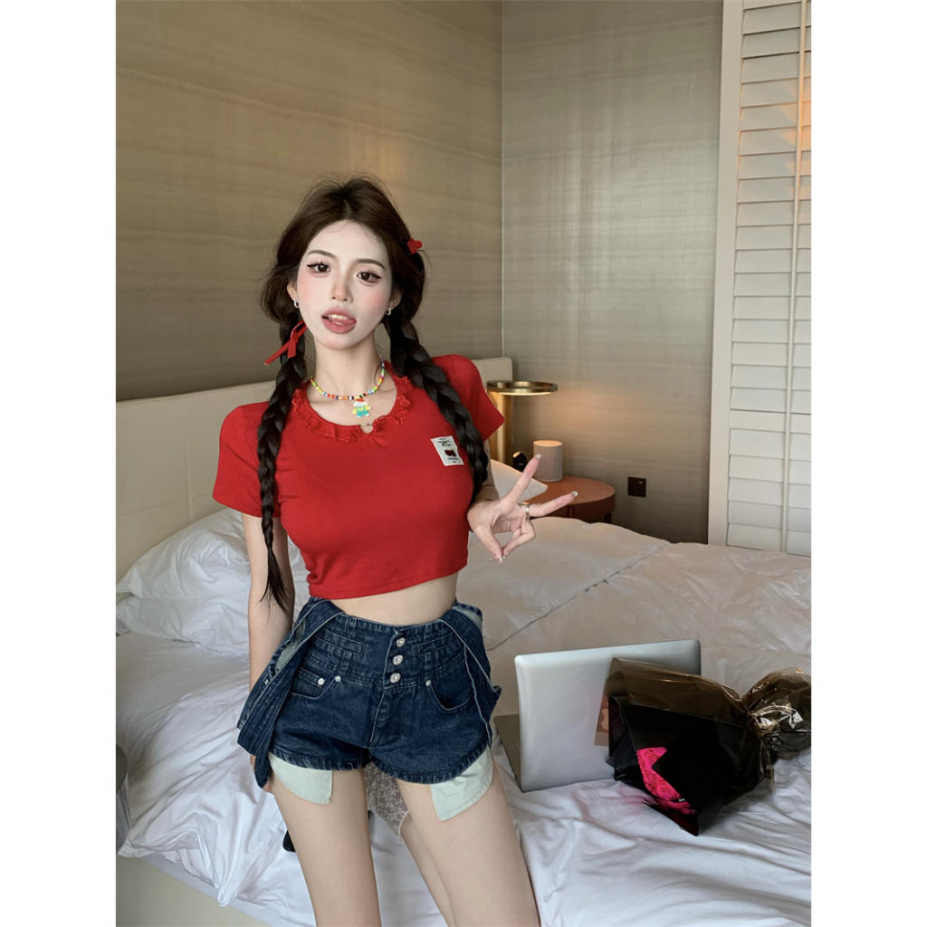 QADCOL Áo Thun Ngắn Tay Ôm Dáng Phối Thắt Lưng Màu Xanh Dương Quyến Rũ Cho Nữ