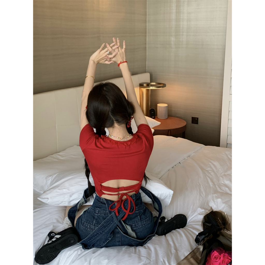 QADCOL Áo Thun Ngắn Tay Ôm Dáng Phối Thắt Lưng Màu Xanh Dương Quyến Rũ Cho Nữ