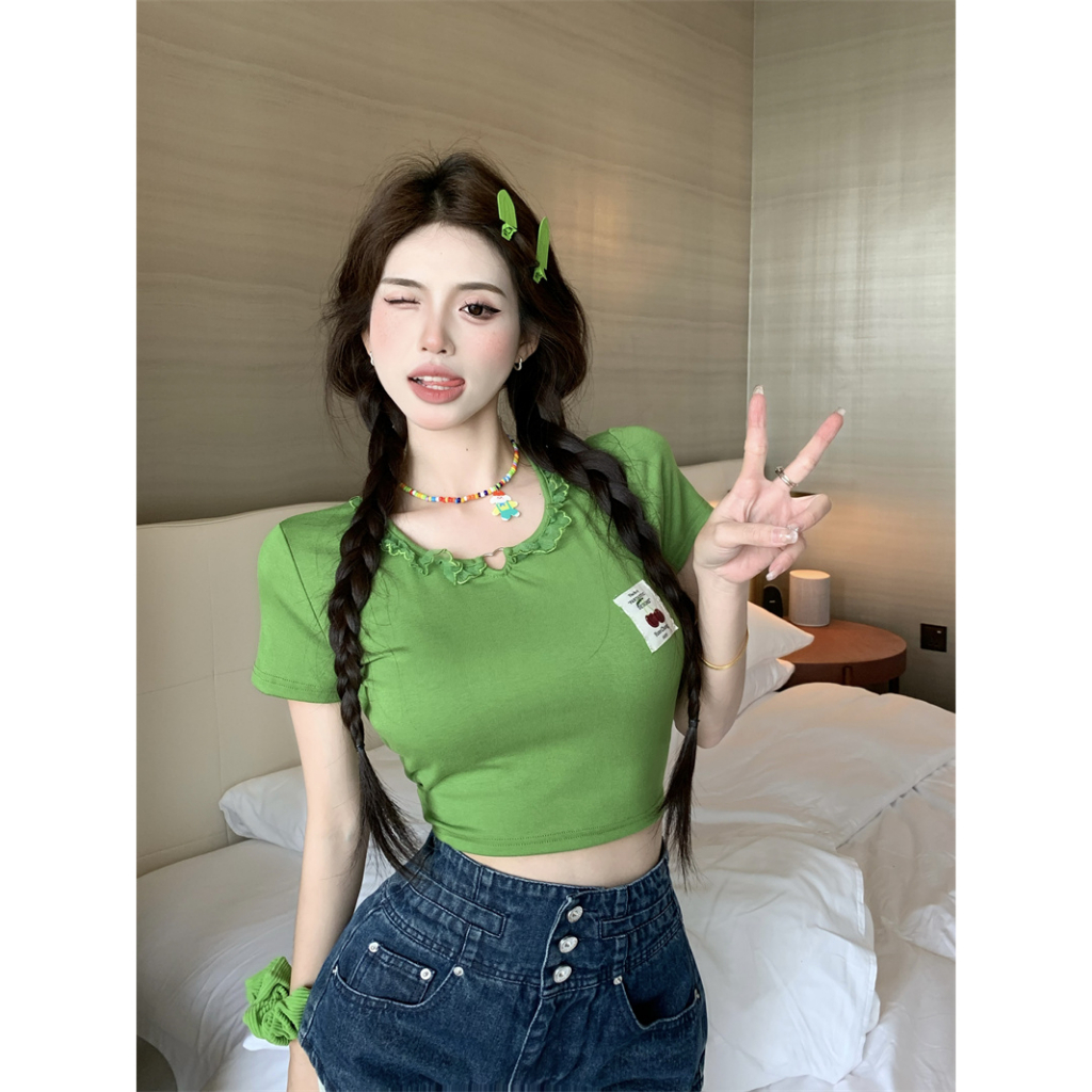 QADCOL Áo Thun Ngắn Tay Ôm Dáng Phối Thắt Lưng Màu Xanh Dương Quyến Rũ Cho Nữ