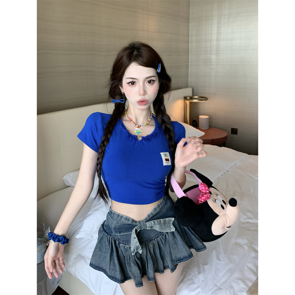 QADCOL Áo Thun Ngắn Tay Ôm Dáng Phối Thắt Lưng Màu Xanh Dương Quyến Rũ Cho Nữ