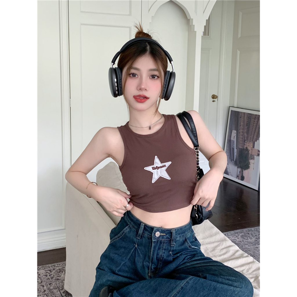 Lalisas Áo Không Tay Ôm Dáng Ngắn Hở Lưng Thiết Kế Ngôi Sao Gia Vị Ngọt Ngào Phong Cách Mỹ Ngọt Ngào Cho