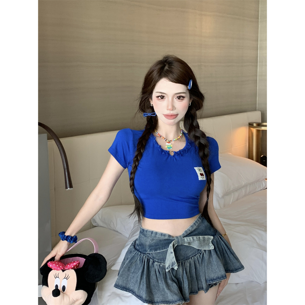 QADCOL Áo Thun Ngắn Tay Ôm Dáng Phối Thắt Lưng Màu Xanh Dương Quyến Rũ Cho Nữ