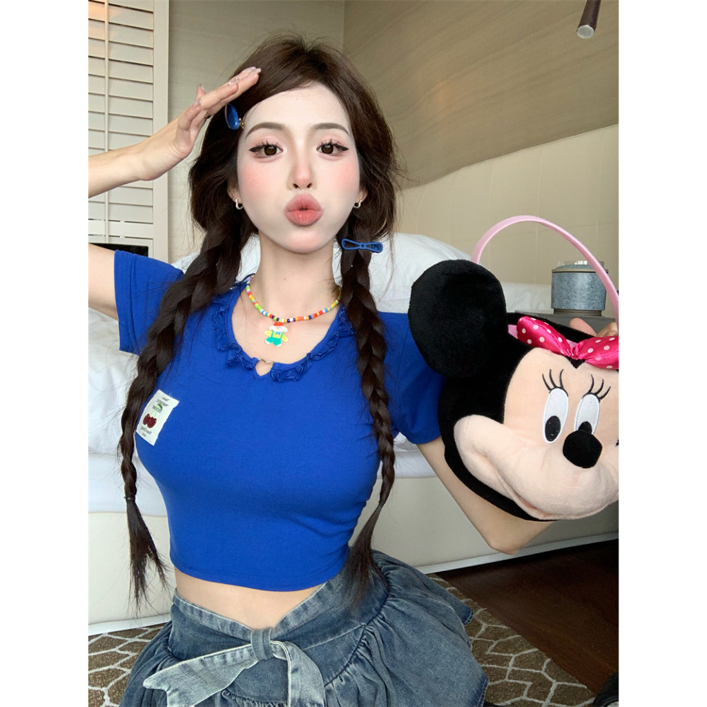QADCOL Áo Thun Ngắn Tay Ôm Dáng Phối Thắt Lưng Màu Xanh Dương Quyến Rũ Cho Nữ