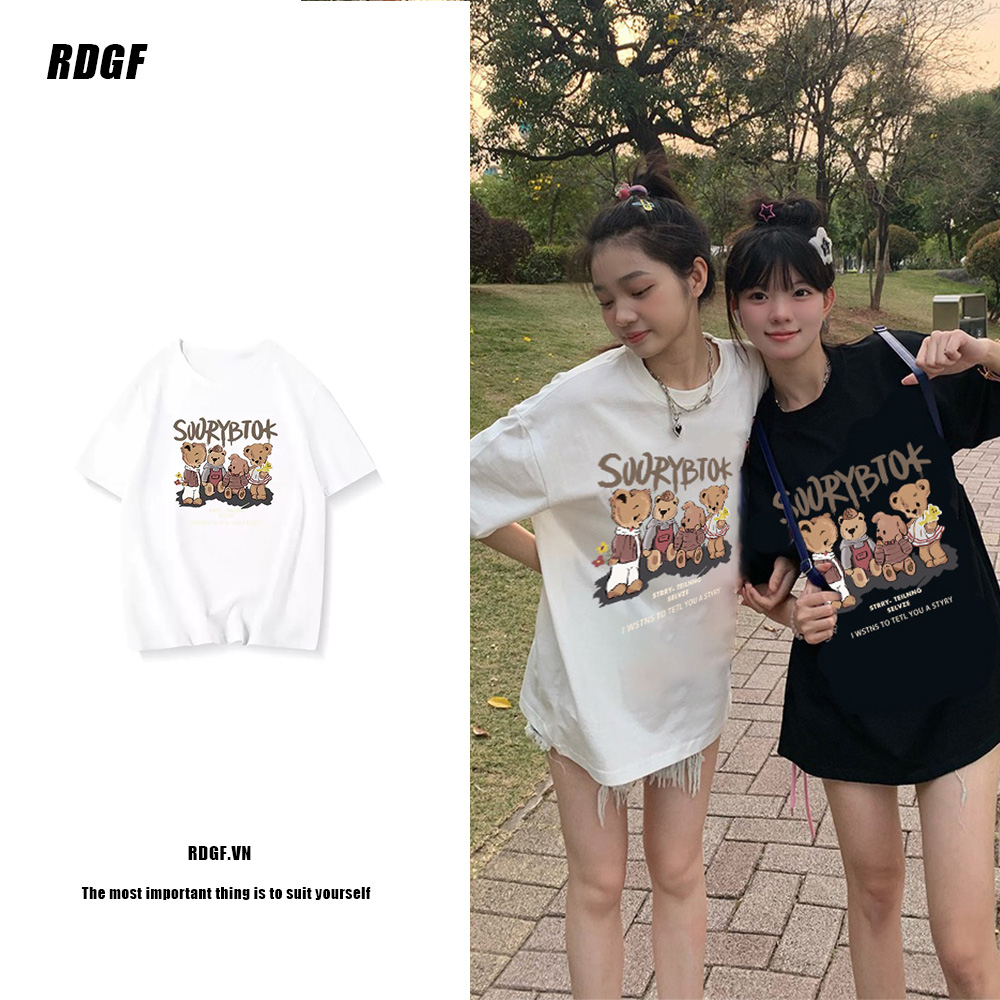 Áo Thun 100% Cotton Tay Ngắn Dáng Rộng In Hình Gấu Dễ Thương Cho Nữ
