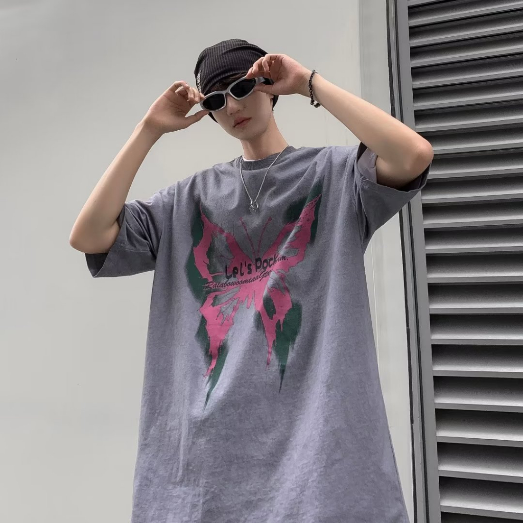 Áo Thun Nam Tay Ngắn Dáng Rộng In Hình Bướm Cá Tính