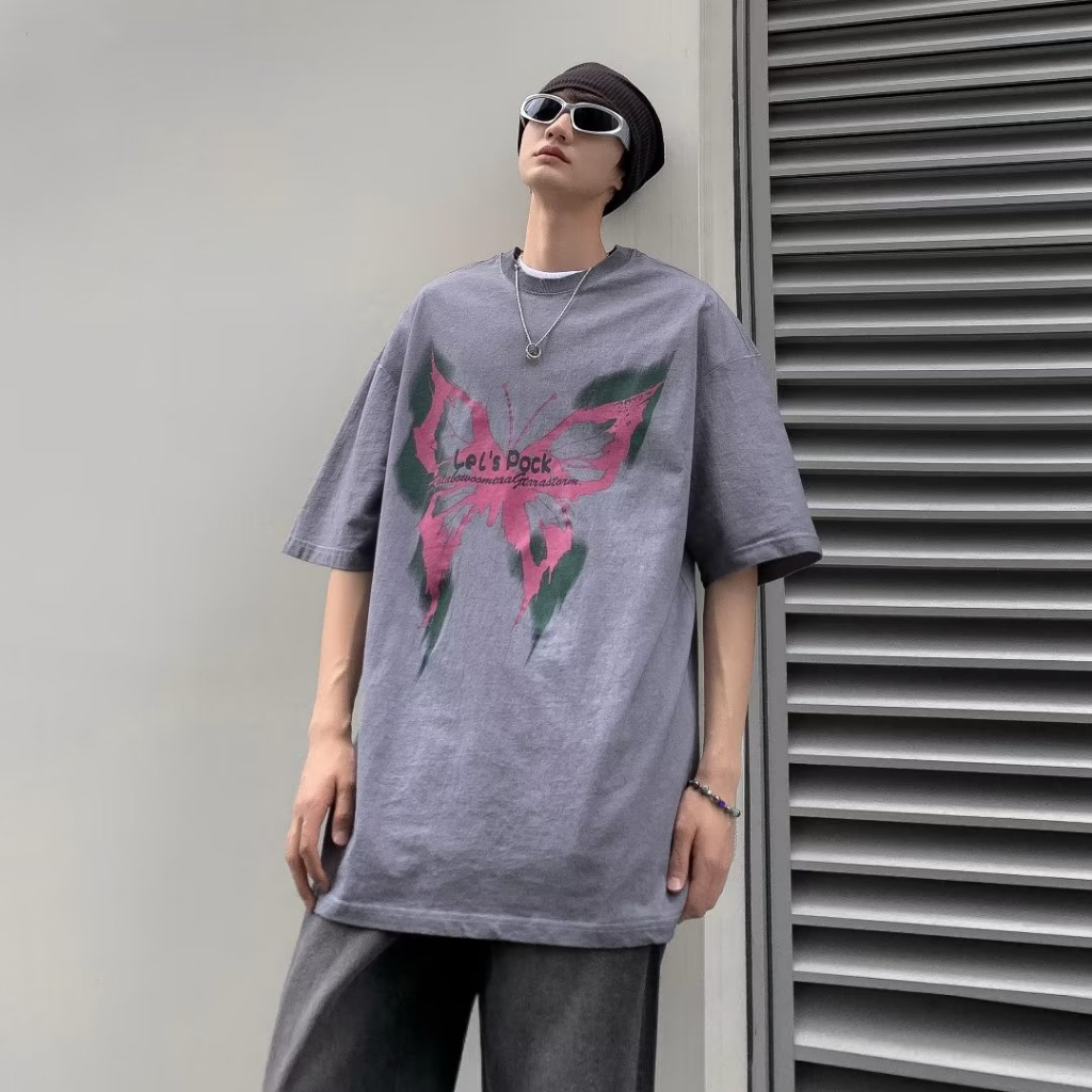 Áo Thun Nam Tay Ngắn Dáng Rộng In Hình Bướm Cá Tính