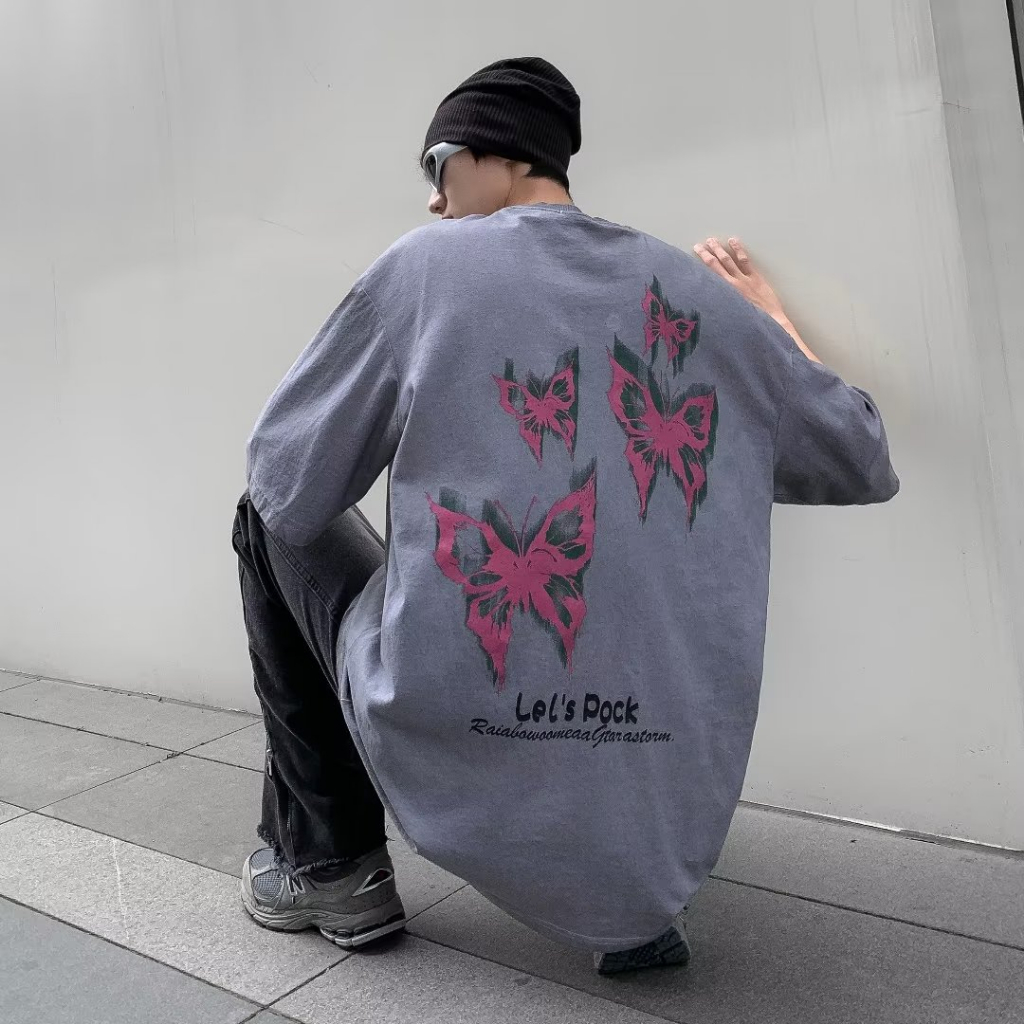 Áo Thun Nam Tay Ngắn Dáng Rộng In Hình Bướm Cá Tính