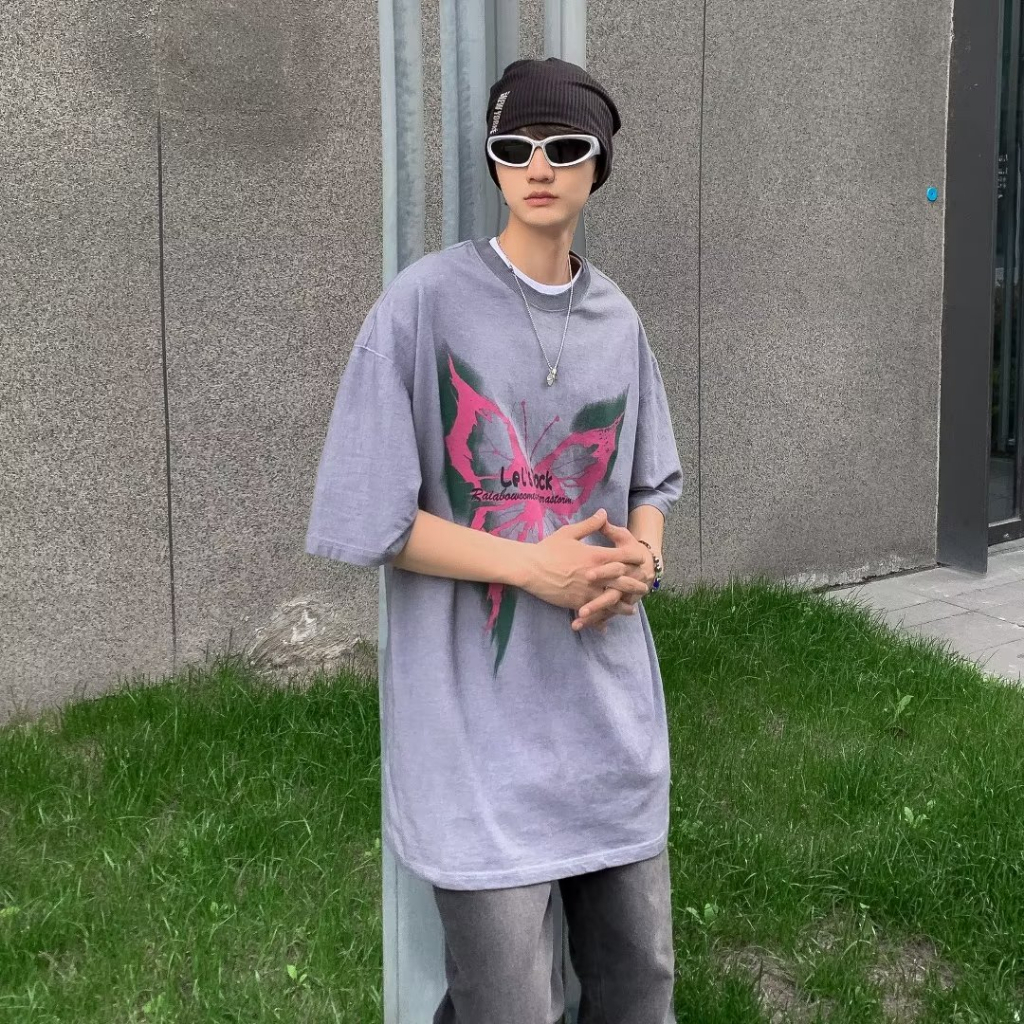 Áo Thun Nam Tay Ngắn Dáng Rộng In Hình Bướm Cá Tính