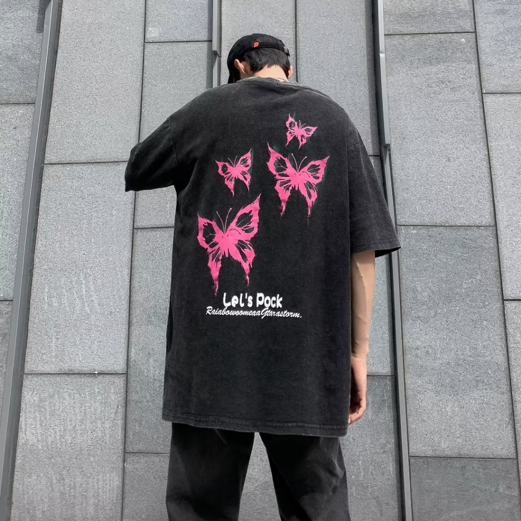 Áo Thun Nam Tay Ngắn Dáng Rộng In Hình Bướm Cá Tính