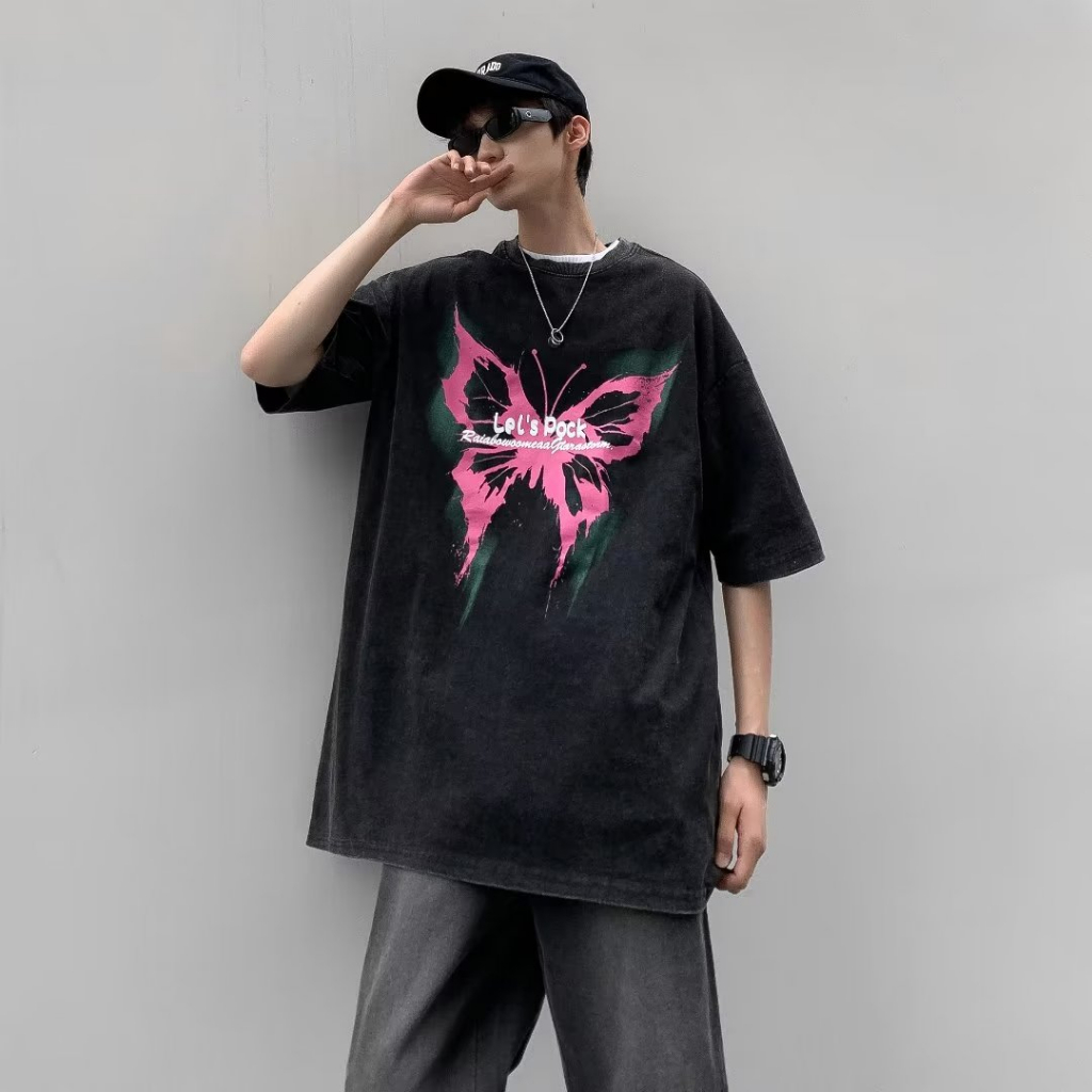 Áo Thun Nam Tay Ngắn Dáng Rộng In Hình Bướm Cá Tính
