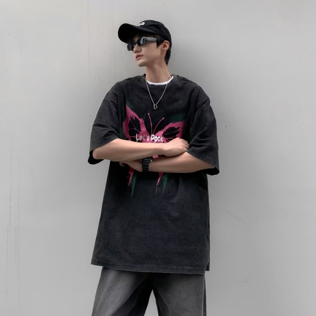 Áo Thun Nam Tay Ngắn Dáng Rộng In Hình Bướm Cá Tính